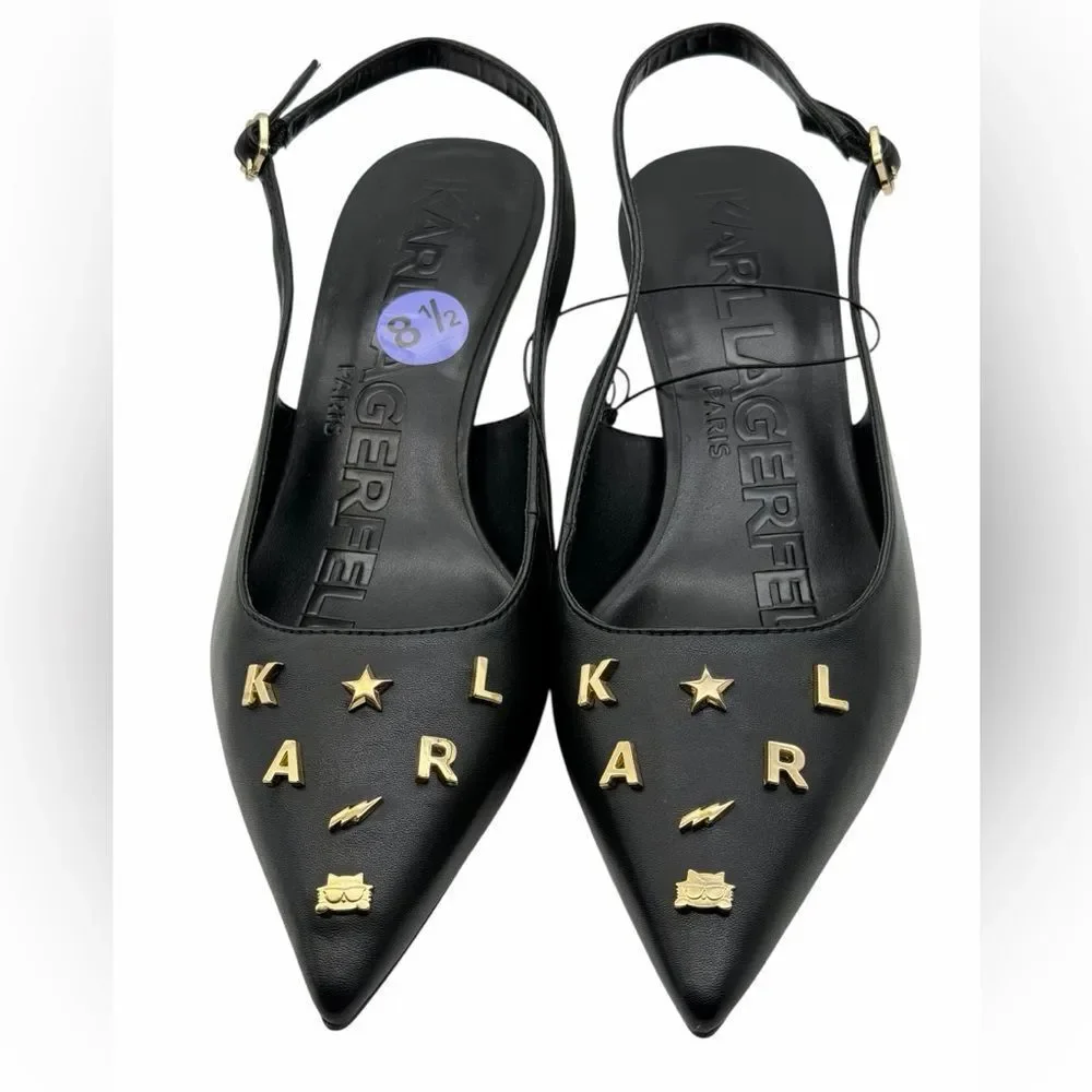 Karl Lagerfeld Paris Black Pointed Slingback Heels with Gold Logo Studs 8,5M